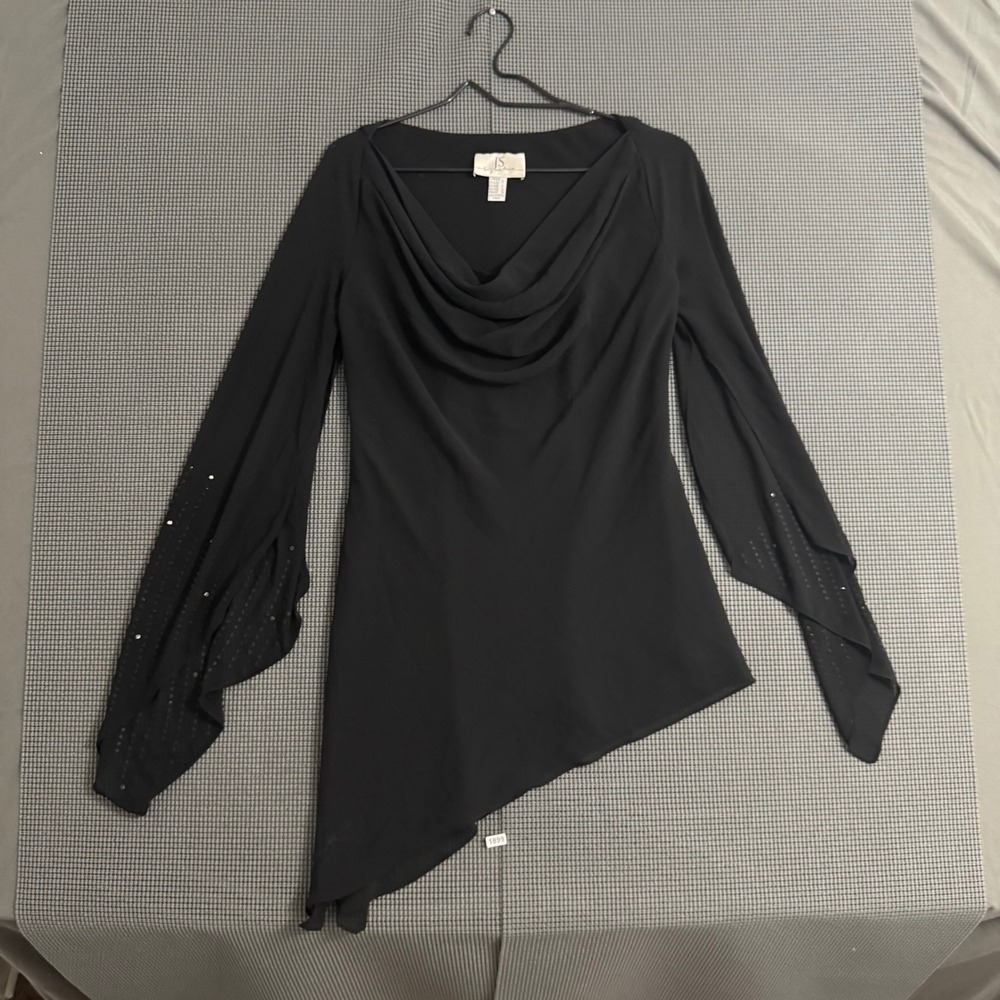 JS Signature Black Cowl Neck Asymmetric Tunic Beaded Split Bell Sleeve Top 6